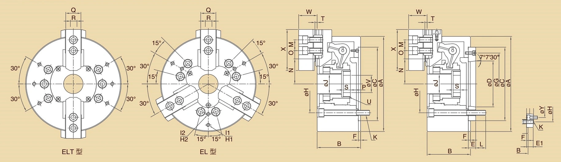 El, Elt Crank Type Long Jaw Stroke Hollow Power Chucks